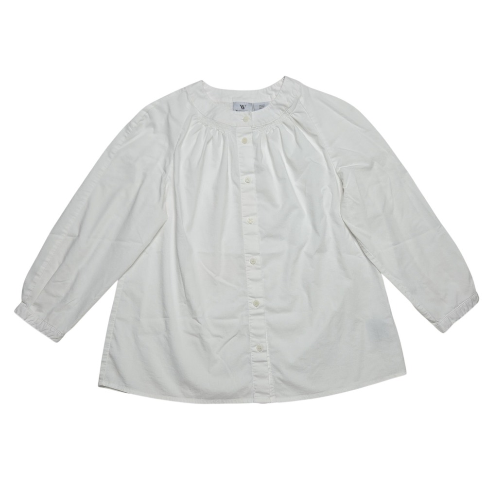 Worthington Blouse Womens PL White Smocked Neck Stretch Button Up Minimalist